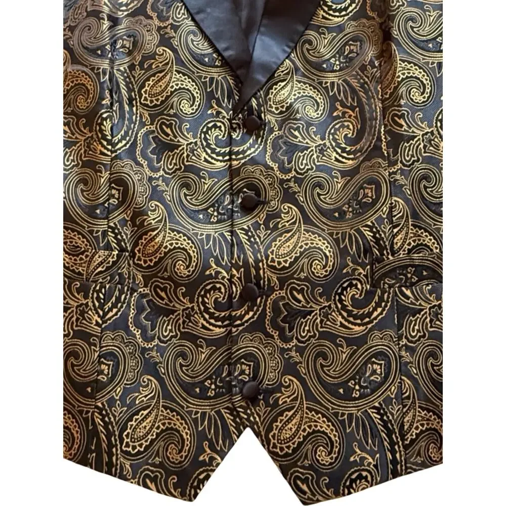Tuxedo Waistcoat Mens Size 3XL Black Gold Paisley Formal Vest Adjustable EUC